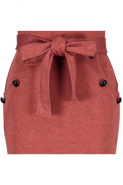Women's Chic Button Embellished V-Neck Simple Plain Tied Waist Midi Pencil Dress