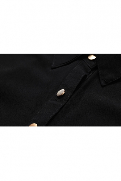 Women's Elegant Lapel Collar Button Placket Half Sleeve Belted Waist Black Plain Maxi Chiffon Shirt Dress