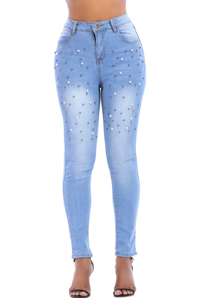 Women's Faded Blue Chic Beading Embellished Stretch Skinny Fit Jeans