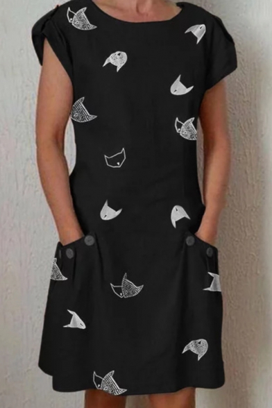 Women's Fashion Cute Cat Pattern Round Neck Short Sleeve Mini Shift Dress With Pockets