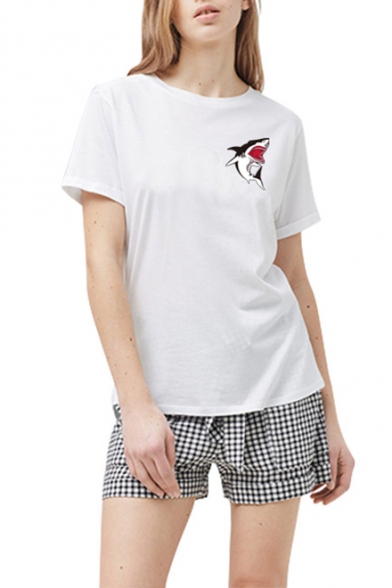 Women's Hot Fashion Shark Cartoon Print Round Neck Short Sleeve White T-shirt