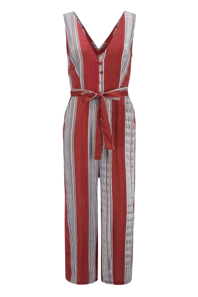 Women's New Fashion Red Stripes Buttons Details Sleeveless Bow-Tied Waist Wide Leg Jumpsuit