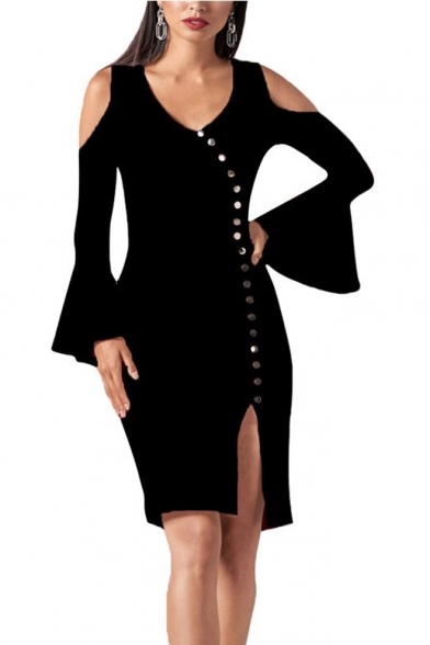 Women's New Trendy Plain Printed Cold Shoulder Button Detail Mini Bodycon Slit Dress