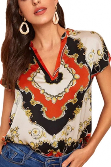 Women's New Trendy Short Sleeve V-Neck Tribal Print Loose T-Shirt