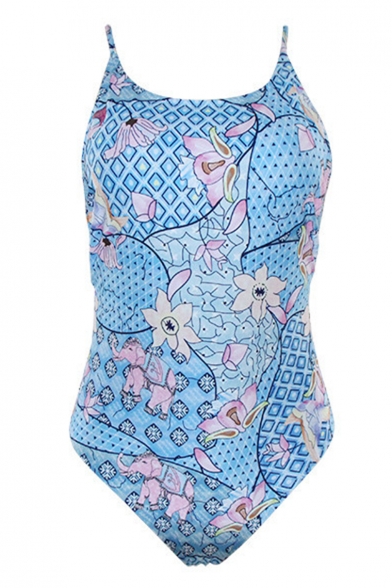 Womens Chic Blue Floral Printed Scoop Neck Bikini One Piece Swimsuit Swimwear