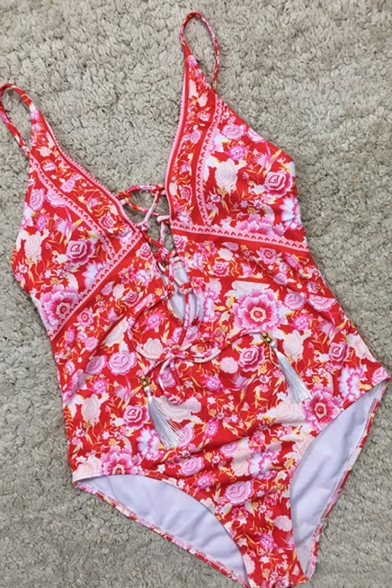 Womens Chic Red Floral Printed Lace-Up Front One Piece Swimsuit Swimwear