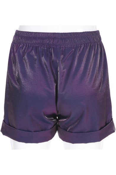 Womens Cool Metallic Purple Nightclub Zipper Fly Loose Fit Club Shorts