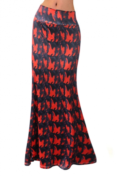 Womens High Waisted Red Tie Dye Printed Summer Bohemian Maxi Beach Skirt
