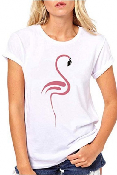 Womens Hot Fashion Flamingo Printed Basic Round Neck Short Sleeve White Tee