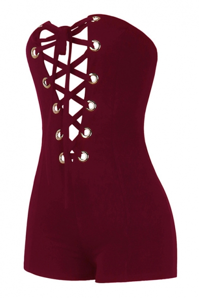 Womens New Fashion Strapless Eyelet Lace-Up Cut Out Sexy Skinny Fit Nightclub Playsuit Romper