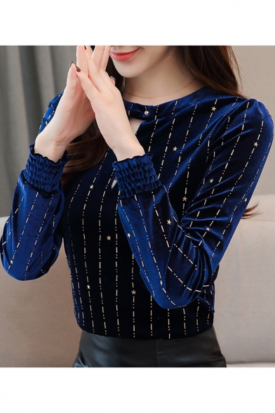 

Womens New Style Stripe Star Printed Cut Out Round Neck Long Sleeve Pleuche Velvet Tee, LM524546, Black;blue