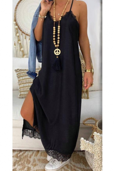 Womens New Trendy Lace-Trim Split Side Solid Color Black Maxi Casual Loose Cami Dress