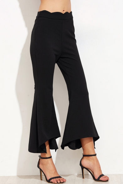 Womens Solid Color Fashion Asymmetrical Cuff Zip Side Slim Fit Flare Pants