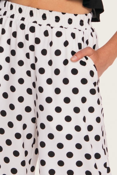 Womens Summer Classic Fashion Polka Dot Printed High Rise Splited Side Cropped Wide Leg Pants