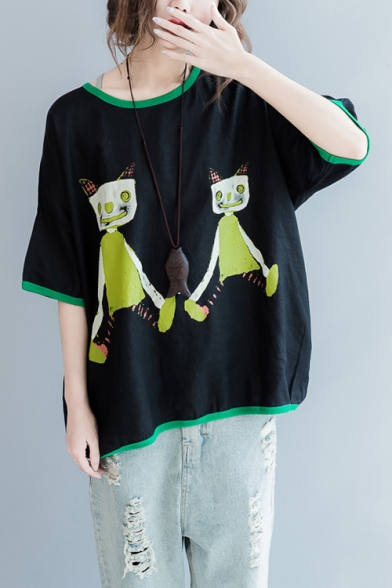 Womens Summer Contrast Trim Cartoon Printed Plus Size Oversized Cotton and Linen T-Shirt