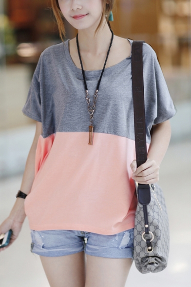 Womens Summer Fashion Colorblock Round Neck Short Sleeve Casual Loose Batwing T-Shirt