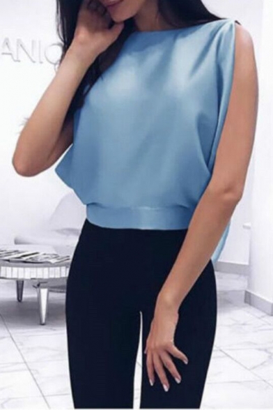 Womens Summer Fashion Solid Color Sleeveless Cutout Bow-Tied Back Tank Top