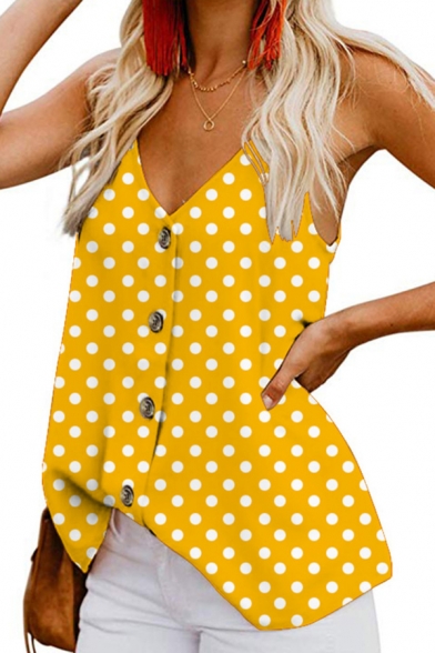 Womens Summer Hot Fashion Polka Dot Printed V-Neck Button Front Casual Cami Top