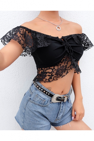 Womens Summer Sexy Black Lace Trimmed Off the Shoulder Drawstring Front Cropped T-Shirt