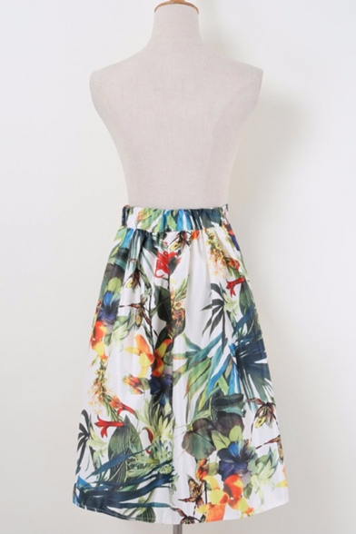 Womens Unique Vintage Tropical Printed Gathered Waist Midi Swing Skirt