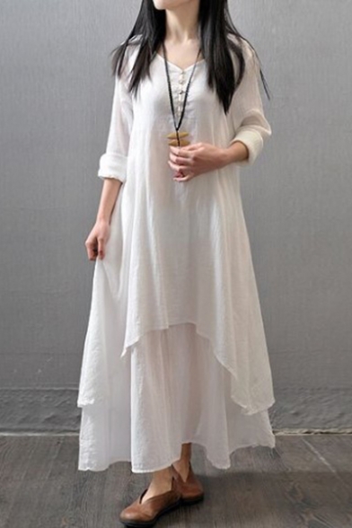 Chinese Style Retro Solid Color V-Neck Long Sleeve Linen Maxi Swing Dress
