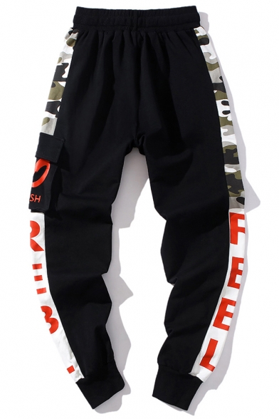 Cool Camo Printed Black Drawstring Waist Cotton Casual Sport Joggers SweatPants Cargo Pants