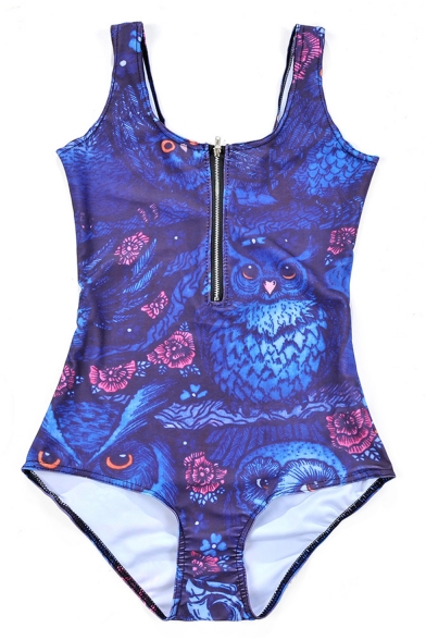 Cool Night Owl Pattern Zip Up Scoop Neck Blue One Piece Swimsuit Swimwear