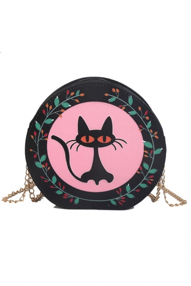 Cute Cartoon Cat Leaves Printed Black and Pink Round Crossbody Bag 20*7*20 CM