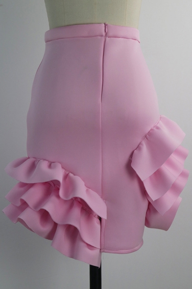 Designer Unique Fashion Ruffled Hem Summer Pink Mini Bodycon Skirt