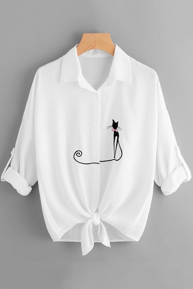 Fancy Cute Cartoon Printed Long Sleeve Tied Hem Button Down Shirt