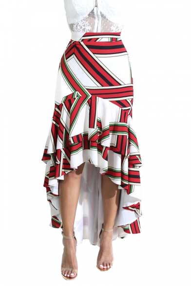 Fancy Red Colorblock High Low Hem Ruffled Maxi Asymmetrical Skirt
