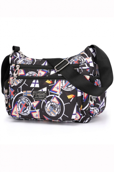 Fashion Colored Geometric Printed Waterproof Nylon Lightweight Black Crossbody Shoulder Bag 28*11*21 CM