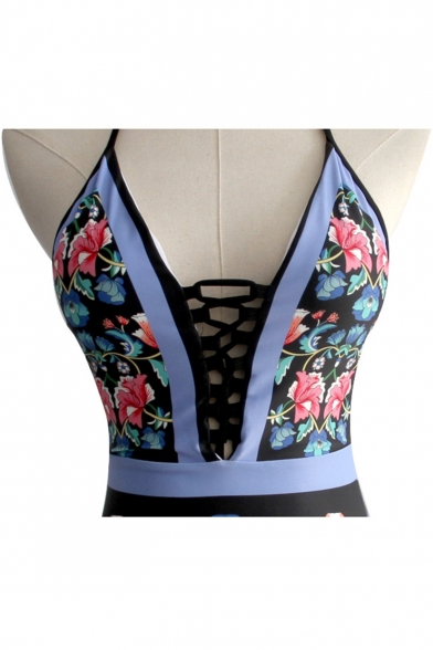 Fashion Floral Pattern Halter Plunged Neck Hollow Out Blue One Piece Swimsuit Swimwear for Women