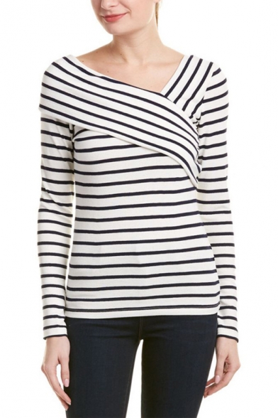 Fashion Unique Oblique V-Neck Long Sleeve Striped Slim Fit T-Shirt for Women