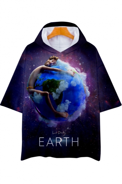 Funny Purple Galaxy Figure Earth Print Hooded Loose Relaxed T-Shirt