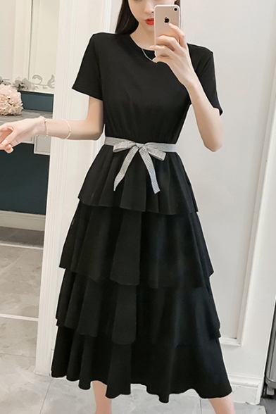 Girls Summer Solid Color Round Neck Short Sleeve Bow-Tied Waist Layered Ruffle Midi A-Line Dress