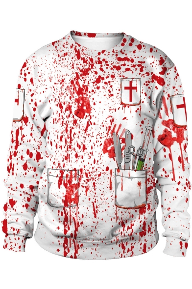 Horror Blood Printed Cosplay Costume Round Neck White Pullover Sweatshirt
