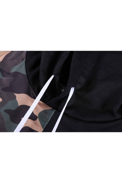 Hot Fashion Camo Patchwork Short Sleeve Drawstring Hooded Black T-Shirt