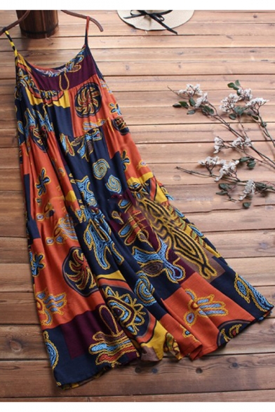 Hot Fashion Casual Loose Ethnic Print Round Neck Sleeveless Midi Cotton Slip Dress For Women