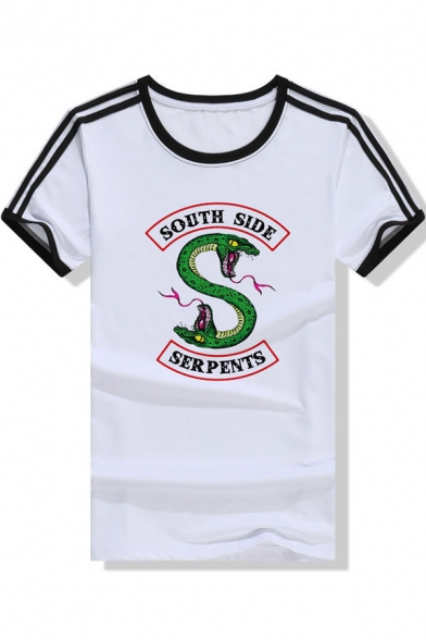 Hot Fashion Letter Snake Logo Print Striped Short Sleeve Summer T-Shirt