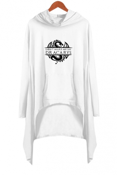 Hot Fashion Long Sleeve Hooded Dragon Dracarys Printed Asymmetrical Dress