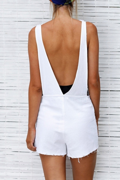Hot Fashion Plain Square Neck Sexy Backless Detail Bow-Tied Strap Suspender Romper for Women