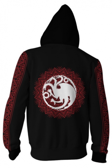 House Targaryen Dragon Badge Long Sleeve Zip Up Casual Black Hoodie