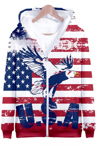 Independence Day Fashion Flag Printed Casual Loose Zip Up Hoodie