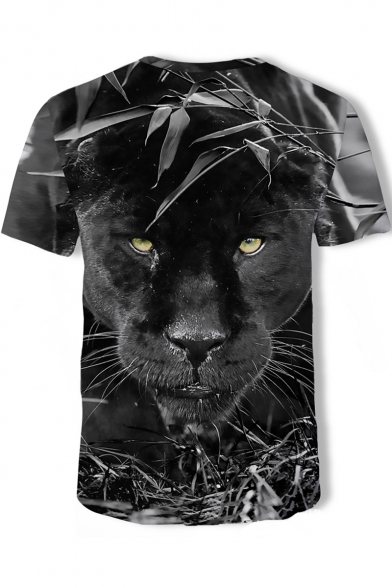Men's Hot Popular 3D Panther Printed Basic Round Neck Short Sleeve Loose Grey T-Shirt