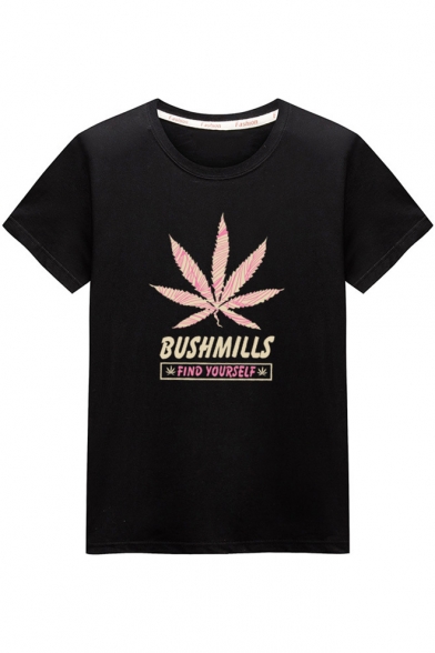 Men's Popular Letter BUSHMILLS Leaf Pattern Short Sleeve Round Neck Graphic T-Shirt