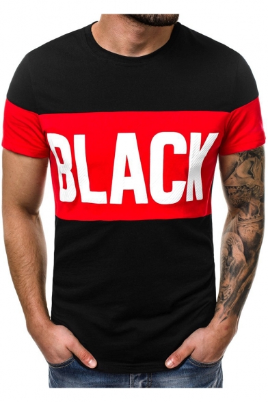New Fashion BLACK Letter Print Colorblock Round Neck Short Sleeve Fitted T-Shirt for Men