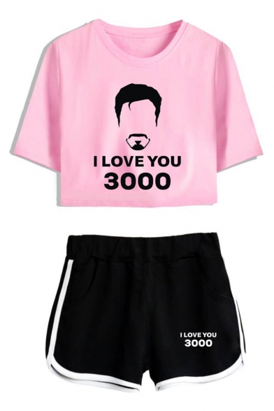 New Fashion I LOVE YOU 3000 Letter Graphic Print Cropped Tee with Casual Shorts Sport Two-Piece Set for Girls