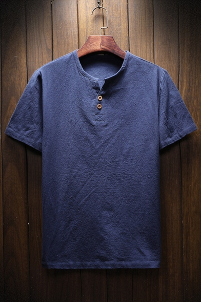 Plain Short Sleeve Round Neck Button Front Linen T-Shirt for Men