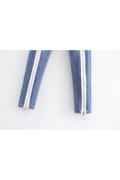 New Stylish Chic Double Zip Tape Embellished Women's Regular Fit Blue Jeans